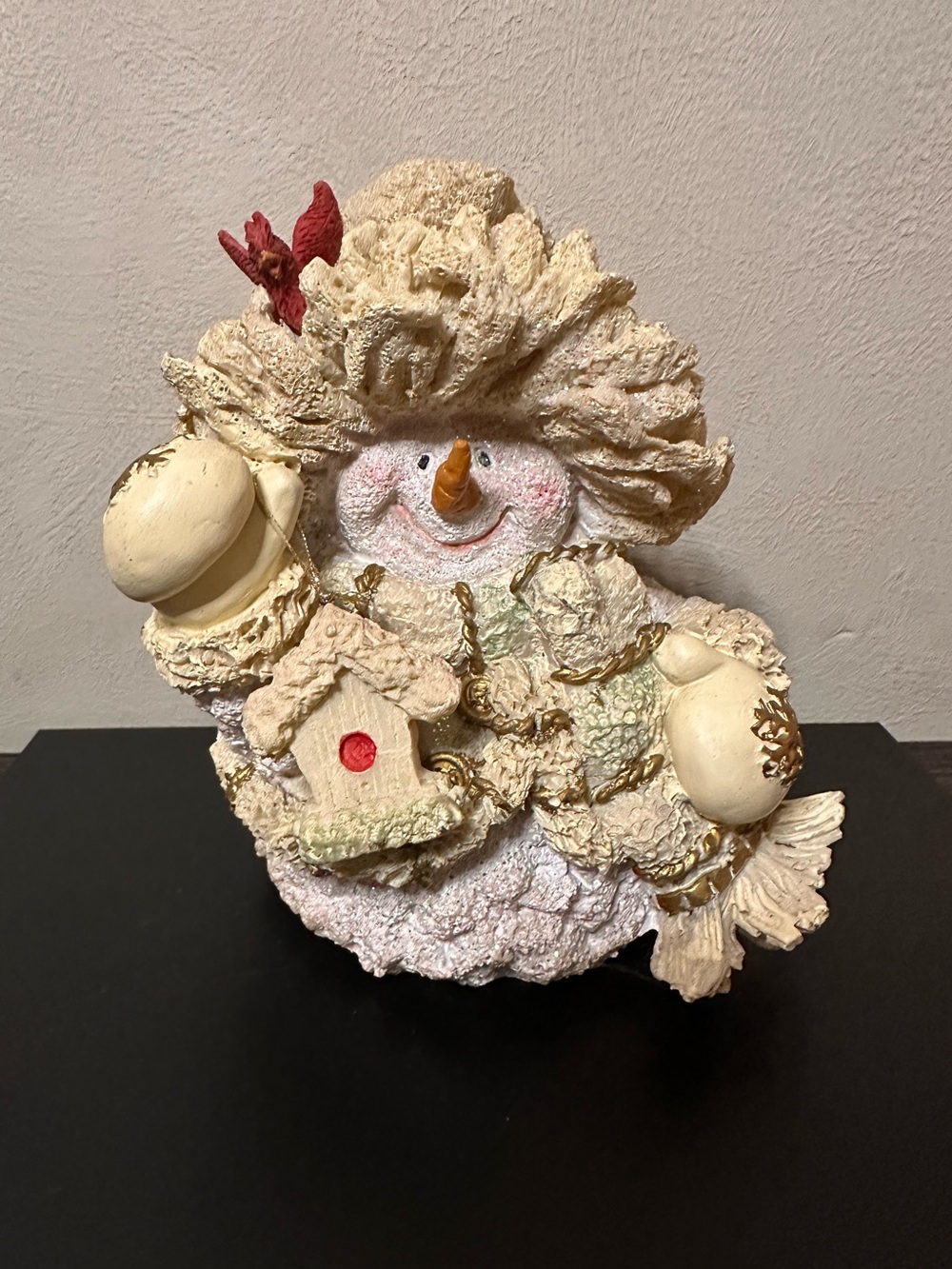 Beautiful Snowman Resin Decor With Birdhouse and Red Bird Glitter Sparkle
